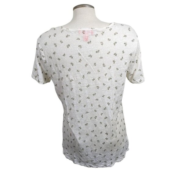 Womens Linen Top T Shirt Flower Print White Large Short Sleeve Light Breathable - Picture 2 of 3